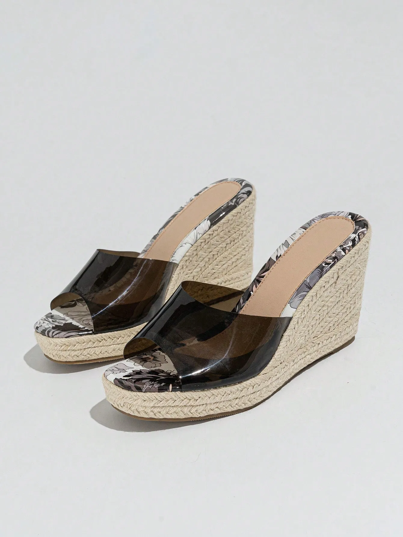 Women's Summer Fashionable & Elegant Pointed Toes Black Transparent Glass Jelly Sandals Featuring A Fresh & Versatile Woven Design, Wedge Heels And Thick Soles Suitable For Outdoor & Vacation Outings