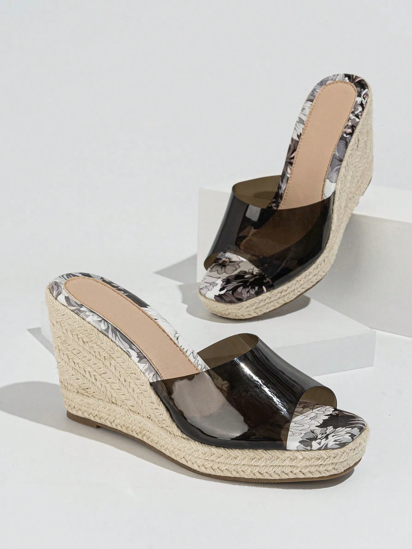 Women's Summer Fashionable & Elegant Pointed Toes Black Transparent Glass Jelly Sandals Featuring A Fresh & Versatile Woven Design, Wedge Heels And Thick Soles Suitable For Outdoor & Vacation Outings